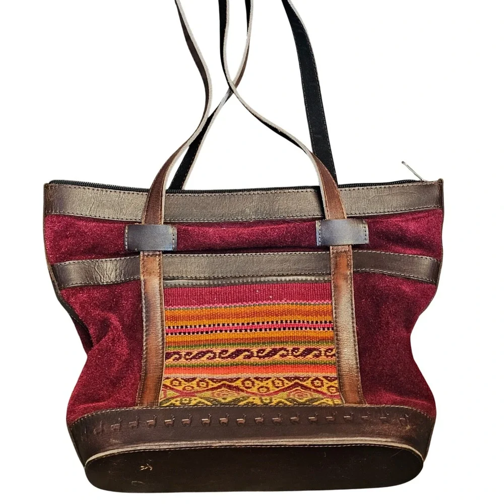 Handmade Andean Suede Leather Tote Bag Woven Textile Llama Stamp Burgundy Brown